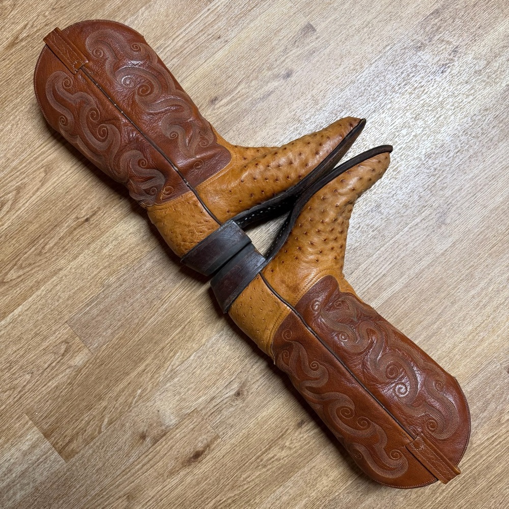 Tony Lama Peanut Brittle Full Quill Ostrich Round Toe Western Boots 9D Exotic - Picture 4 of 16